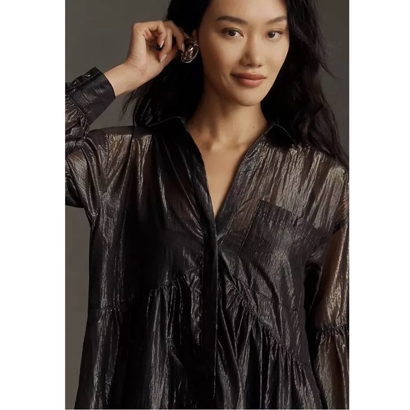 NWT Pilcro Long-Sleeve V-Neck Metallic High-Low Dress (Black) - Picture 3 of 4